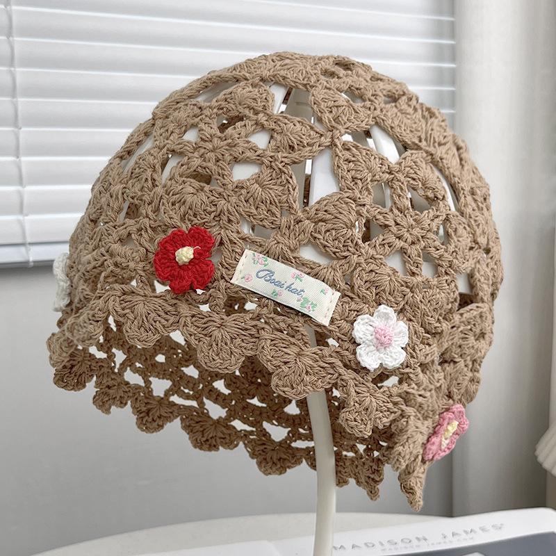 New hollow knitted flower wool hat women's autumn breathable face small pile hat travel versatile bag head hat