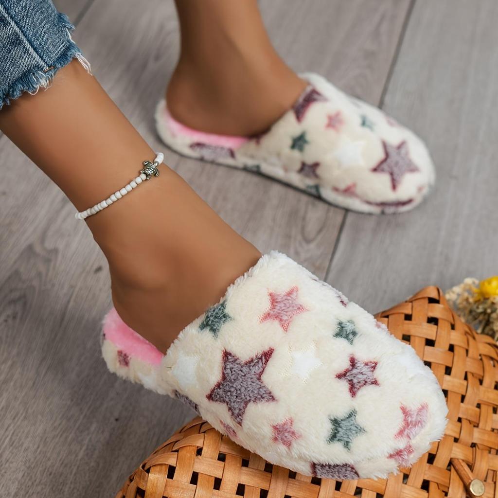 Теплые и удобные плюшевые тапочки с красочным звездным узором для осени и зимы