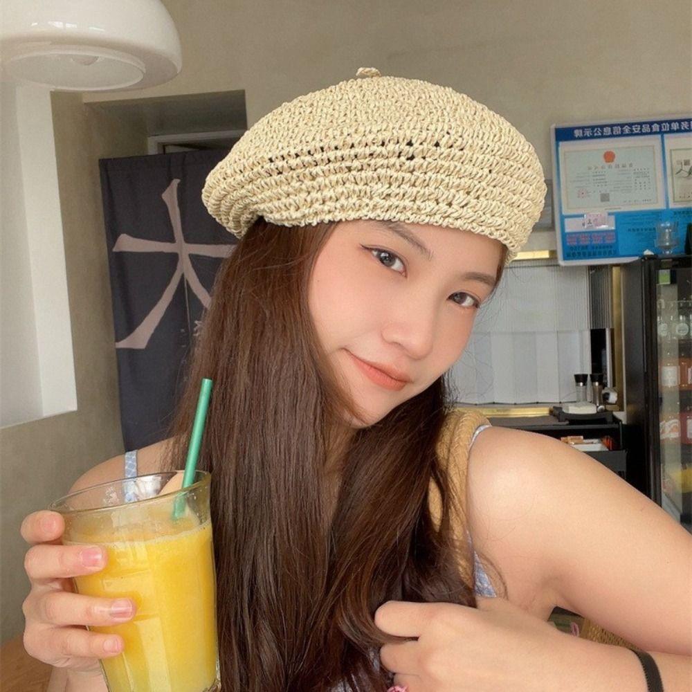 Ручной работы Соломенный берет Летняя шляпа художника Французская вязка Кепка Женская