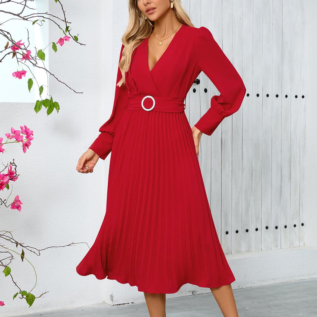 Women's Fashion V-Neck Long Sleeve Solid Colour Slim Dress Loose Casual Dresses