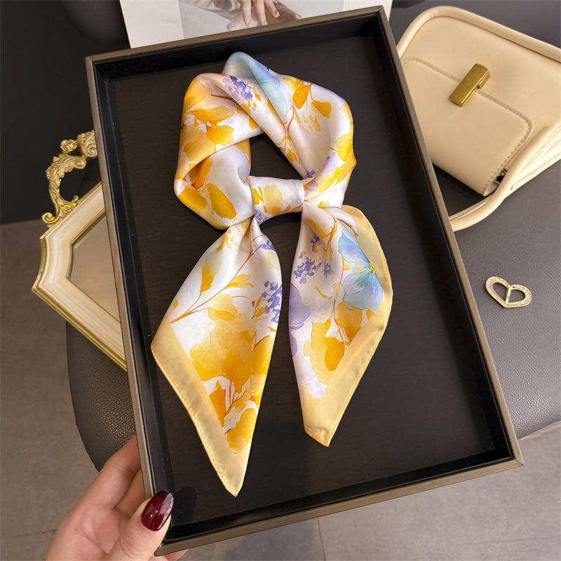 New Floral Print Design Shawl Square Scarf For Women Soft Satin Wraps Neckerchief Female Hair Bands Ribbon Headband Bandana