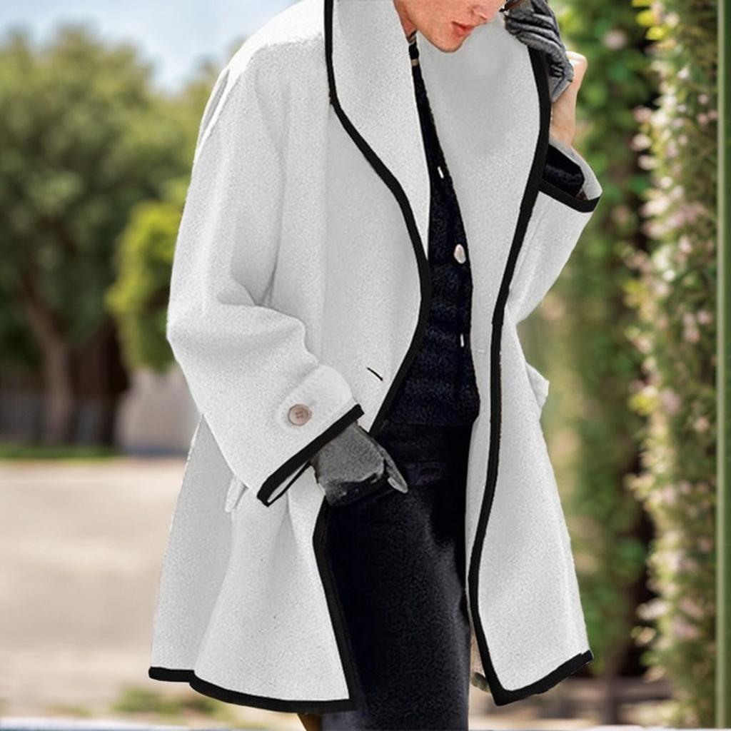 Women's Long Coat with Black Trim, Button Front Closure, Multiple Colors (Blue, White, Red, Beige, Purple, Gray, Black)