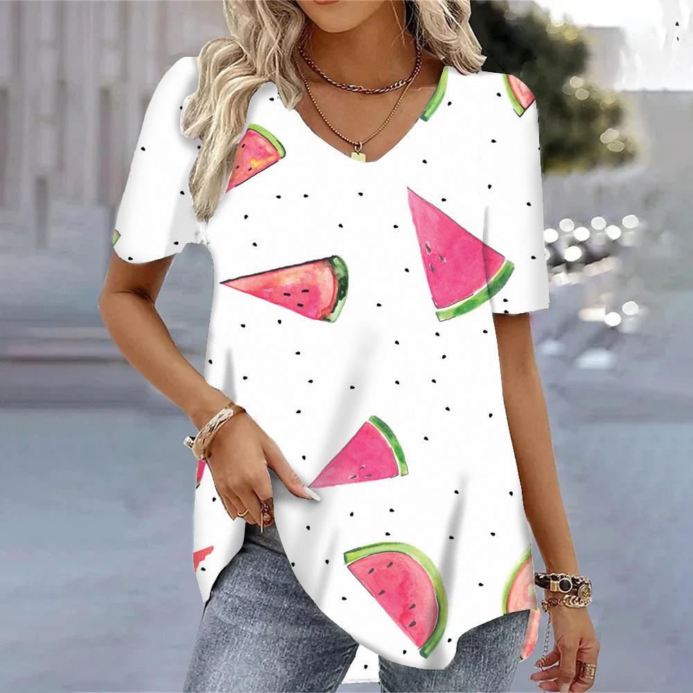 Женские футболки с v-образным вырезом и 3D принтом арбуза, летние крутые топы с короткими рукавами, модные повседневные свободные пуловеры, женские футболки