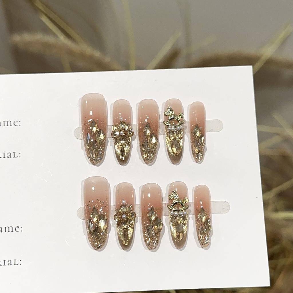 Women Press‑On Nails Pure‑Handmade Golden Shimmer Cat‑Eye European American Rhinestone Sparkle False Nail Patches
