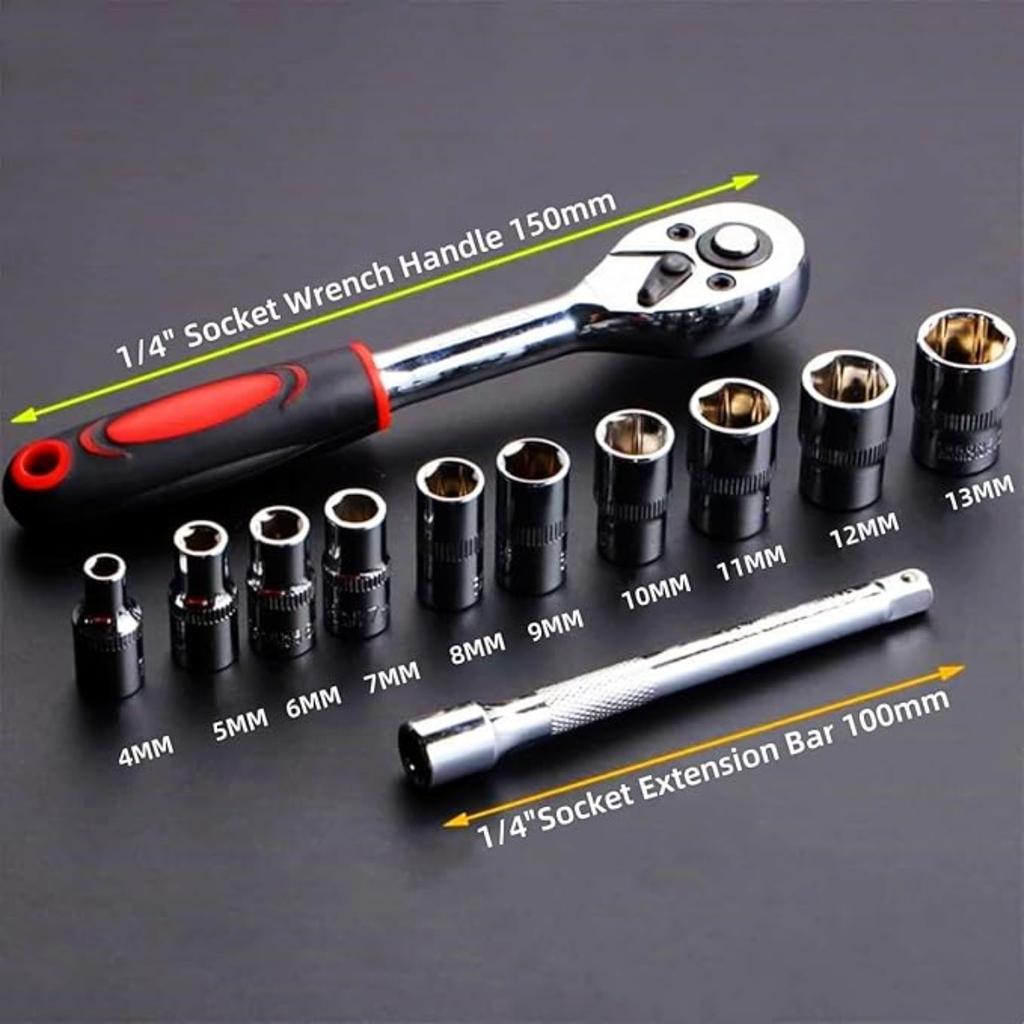 Metric SAE Mechanic Tool Kit,Ratchet Socket Wrench Set, Metric Socket Set with Quick Release Reversible Ratchet Wrench and Extension Bar, 12 Pcs