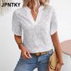 JPNTKY Женская Модная Повседневная Однотонная с Принтом Блузки и Рубашки с V-образным Вырезом и Короткой Рукавой