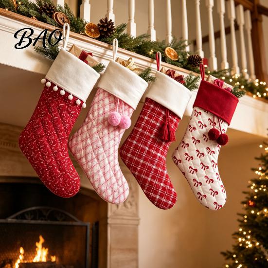 Checkered Gift Holders Christmas Stockings, 18 x 10 Inch Large Quilted Hanging Rustic Farmhouse Holiday Decor Decorative Xmas Bags for Fireplace