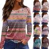 Women's Fashion Casual Slit Hem Round Neck Long Sleeve Loose Printed T-Shirt Ladies Top