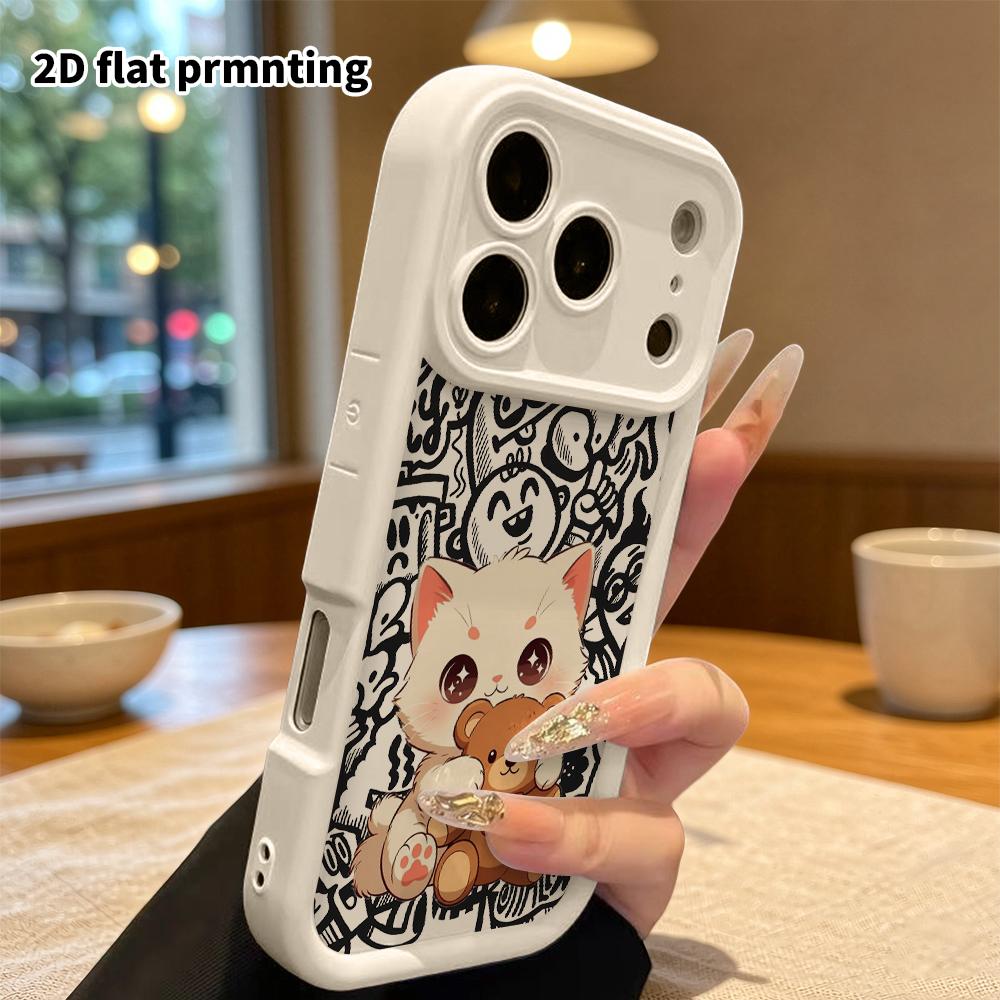 Phone case: 2D flat design suitable for iPhone 18 17 16 15 14 13 Pro tiered protective case, hugging bear white cat, Christmas and Halloween gift