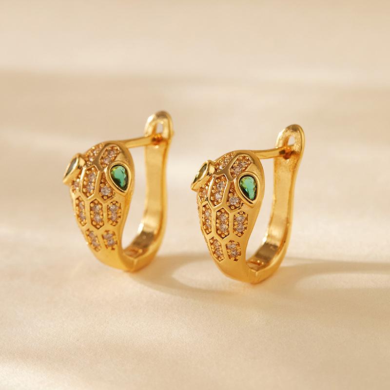 Small Snake Shape Emerald Zircon Inlaid 18k Gold Plated Copper Earrings