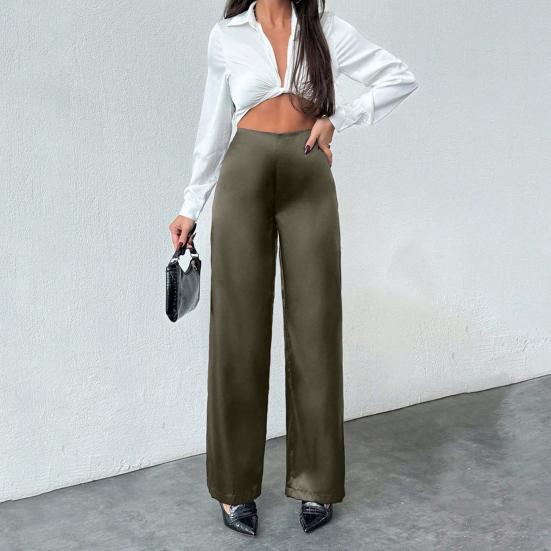 Women Pants Mid-rise Solid Color Loose Fit Wide Leg Design Long Trousers Smooth