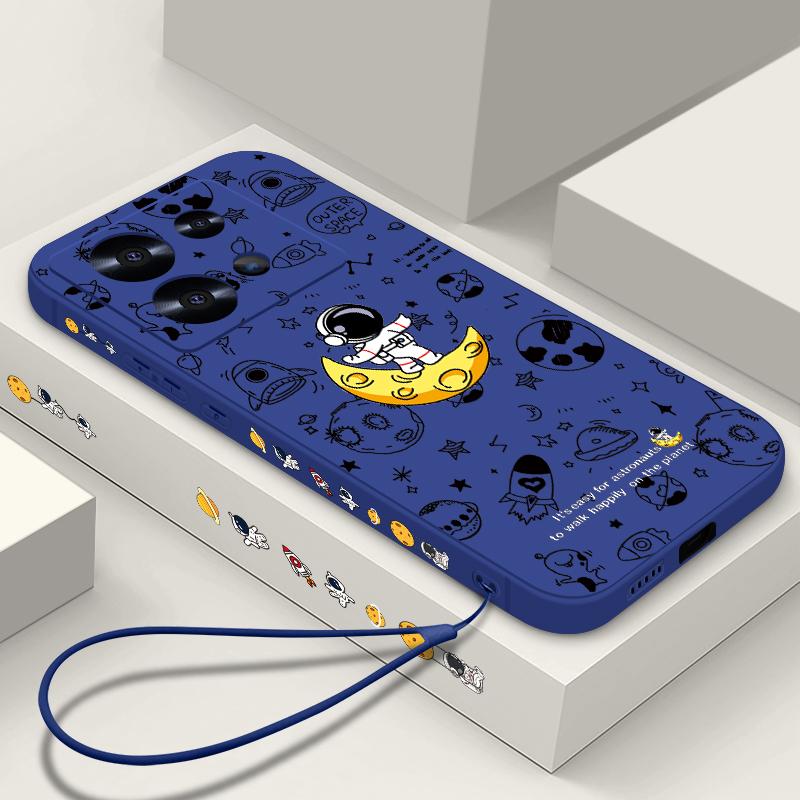 Ударопрочный мягкий ТПУ чехол для Xiaomi 14T 13t 11t Poco F3 X6 X5 Pro Redmi Note 13 12 11 14 Pro Подставка Луна Принт Астронавт Тонкий чехол со шнурком