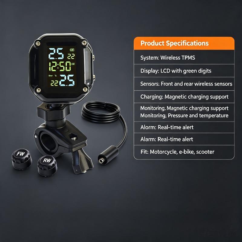 Wireless Motorcycle & E-Bike TPMS Tire Pressure Monitor System Real-Time Alarm for Scooter Electric Vehicle