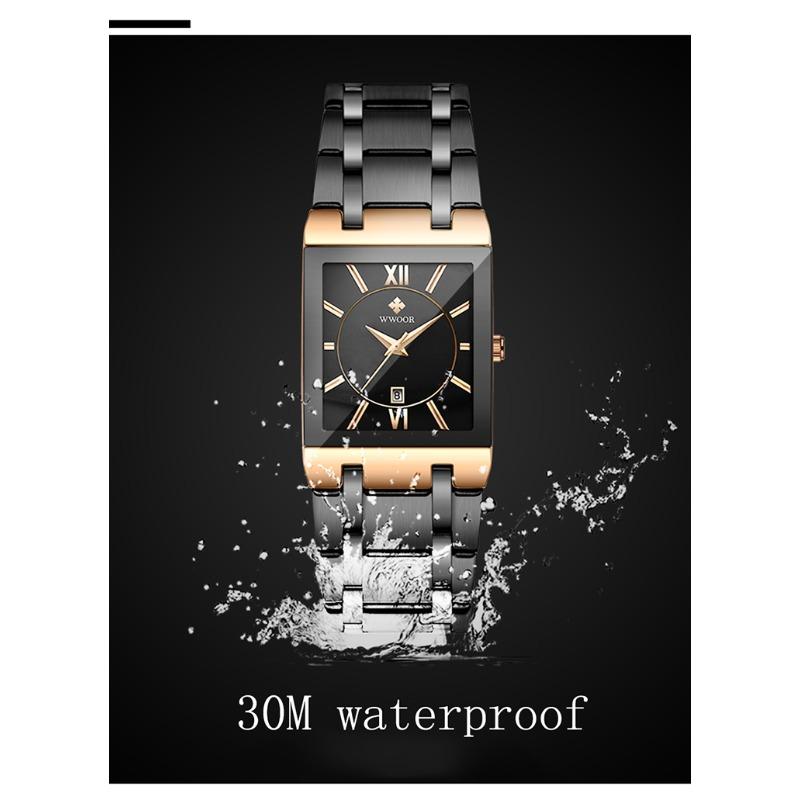 Модные мужские часы из нержавеющей стали WWOOR Square, водонепроницаемые кварцевые часы для мужчин, лучший бренд класса люкс, золотые, черные наручные часы