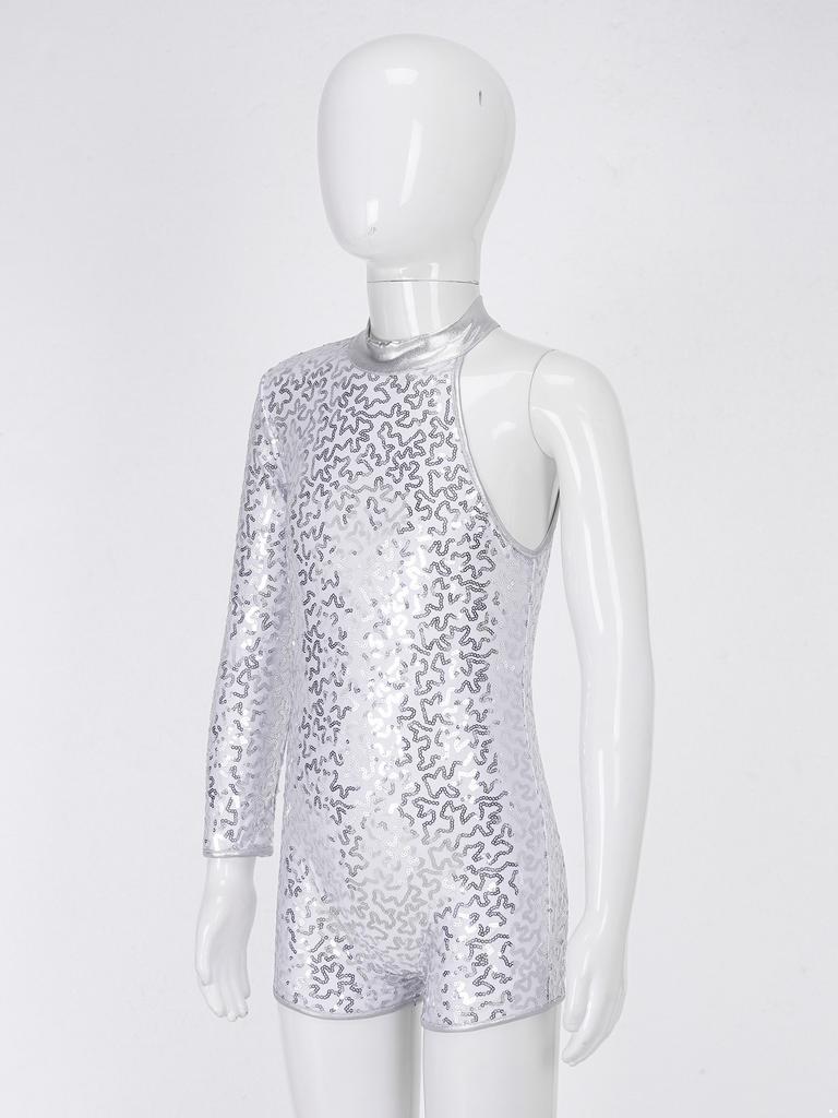 Kids Girls Single Long Sleeve Gymnastics Leotard Sequins Ballet Dance Unitards Short Jumpsuit