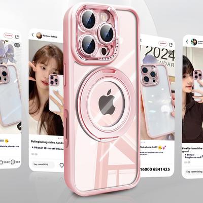 Чехол для iPhone 16 Pro Max с магнитной вращающейся подставкой, PC+TPU чехол для телефона с блестящей пленкой для объектива камеры