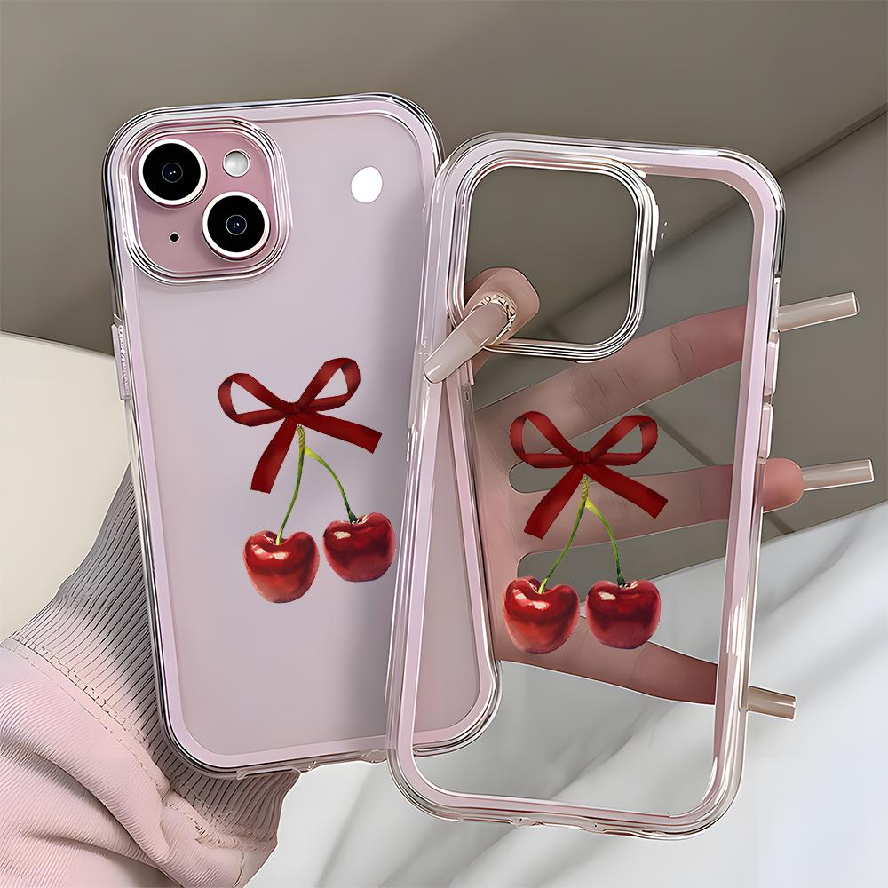 Чехол для телефона с рисунком Красная Вишня и Бант Для iPhone 17 16 15 14 13 12 11 Pro Max Plus Air 2 в 1 Конфетный Цвет Прозрачный Силиконовый Мягкий Чехол