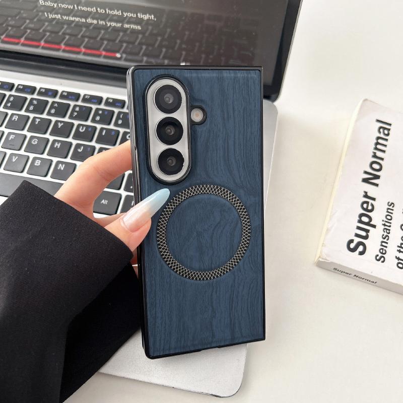 Магнитный беспроводной чехол для зарядки MagSafe из ПК + искусственной кожи под дерево для Samsung Z Fold 7 6 5 4 3, складная задняя крышка