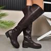 Модные Коричневые Элегантные на Низком Каблуке с Круглым Носком Кожаные Женские Ботфорты Осень Зима Новые Rock Женские Выше Колена Обувь