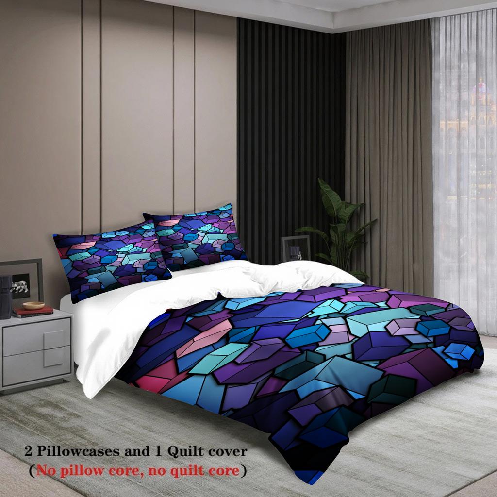 3PCS 3D Iridescent Geometric Cube Duvet Cover Set with Pillowcases Modern Minimalist Bedding No Insert Queen King SizeSize