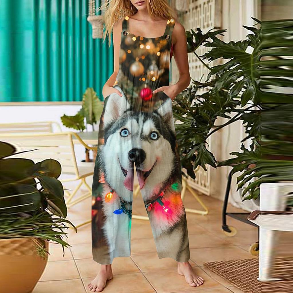 Женский повседневный комбинезон с рождественским принтом, хлопковый комбинезон без рукавов с принтом