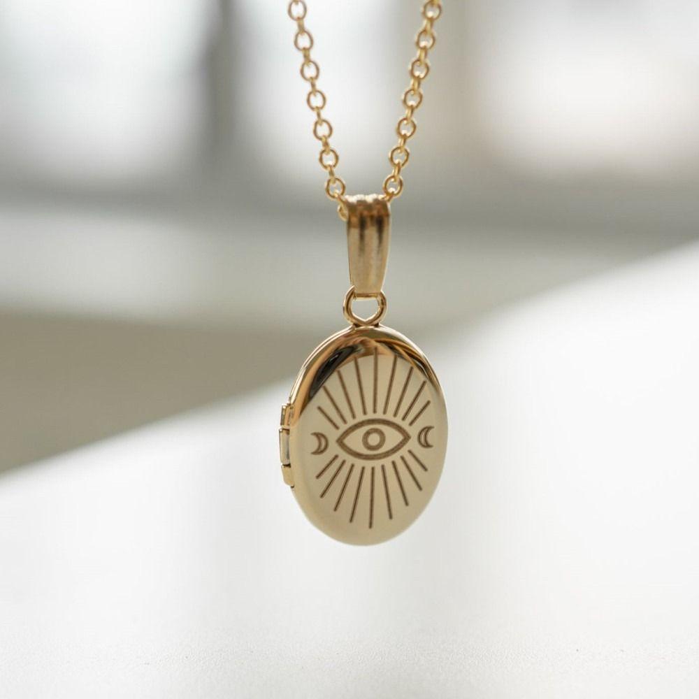 Evil Eyes Oval Photo Frame Necklace Opening Closing Photo Album Necklace For Woman Girls