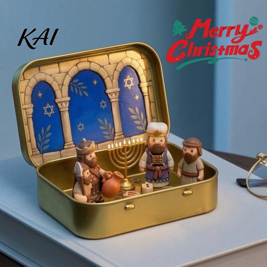 Religious Theme Table Decor Miniature Hanukkah Menorah Diorama Tin Box, Pocket Scene Set with Figurines And Indoor Holiday Display Pieces Menorah,