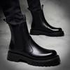 Men's British Style Black Leather Chelsea Boots - High Top, Thick Sole, Soft Leather, All-Match Motorcycle Martin Workwear.