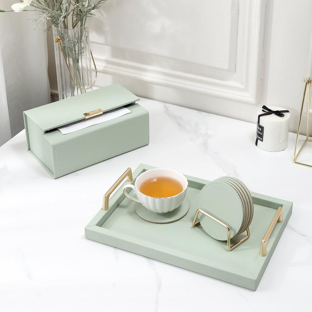 6-piece leather coaster set with metal holder, waterproof coasters for home decor, with cork bottom, green (2 sets)
