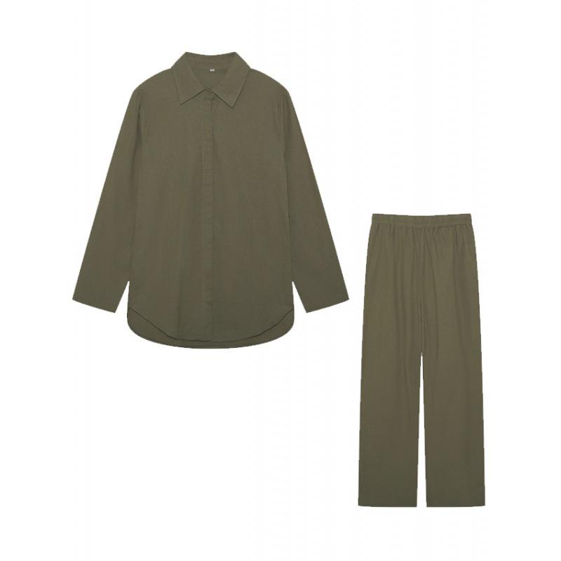 2023 Women's Casual Two-Piece Suit: Lapel Long-Sleeve Shirt & Wide-Leg Pants for Spring & Autumn