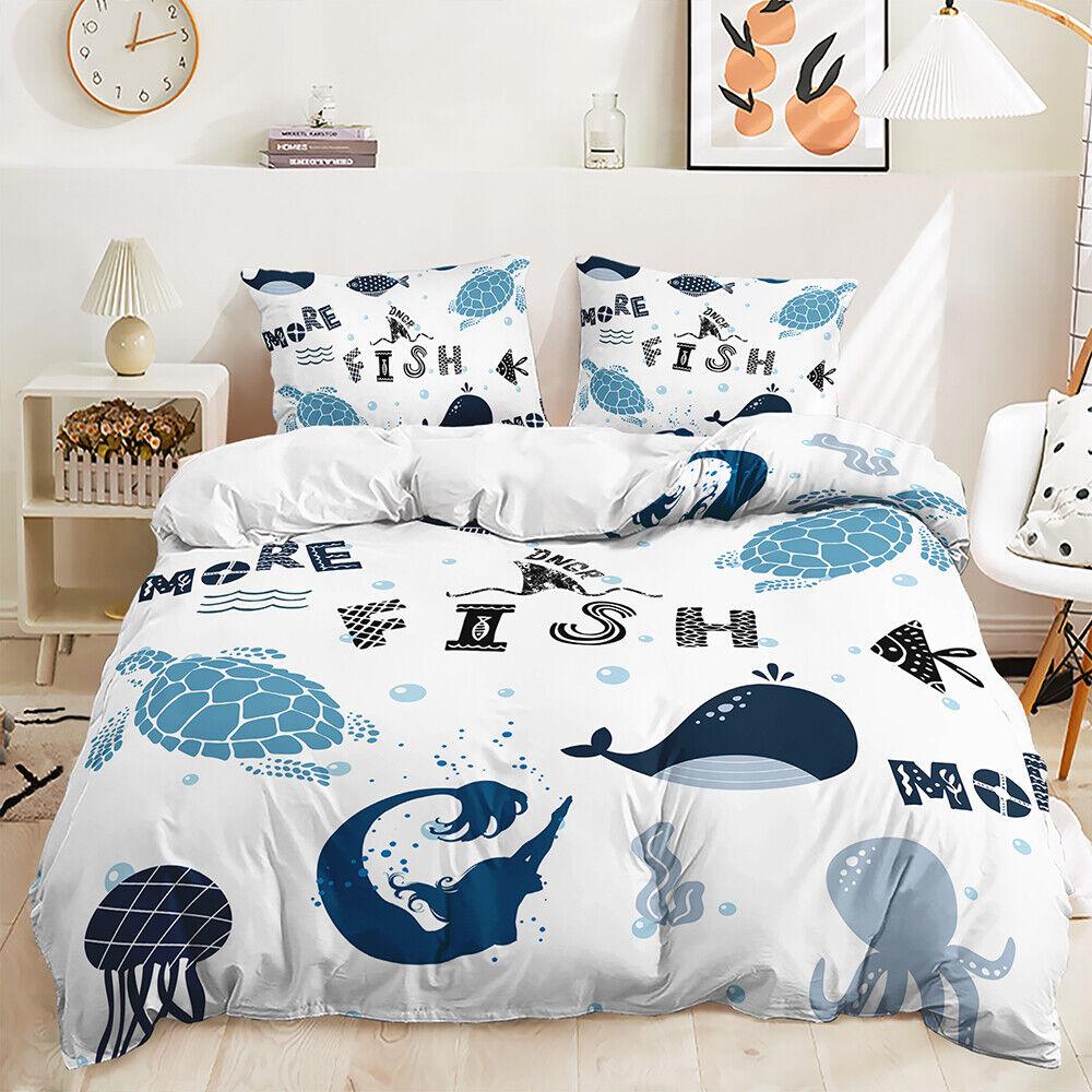 Marine Life Ocean Turtle Sea Dolphin Fish Anchor Doona Duvet Quilt Cover Bed Set