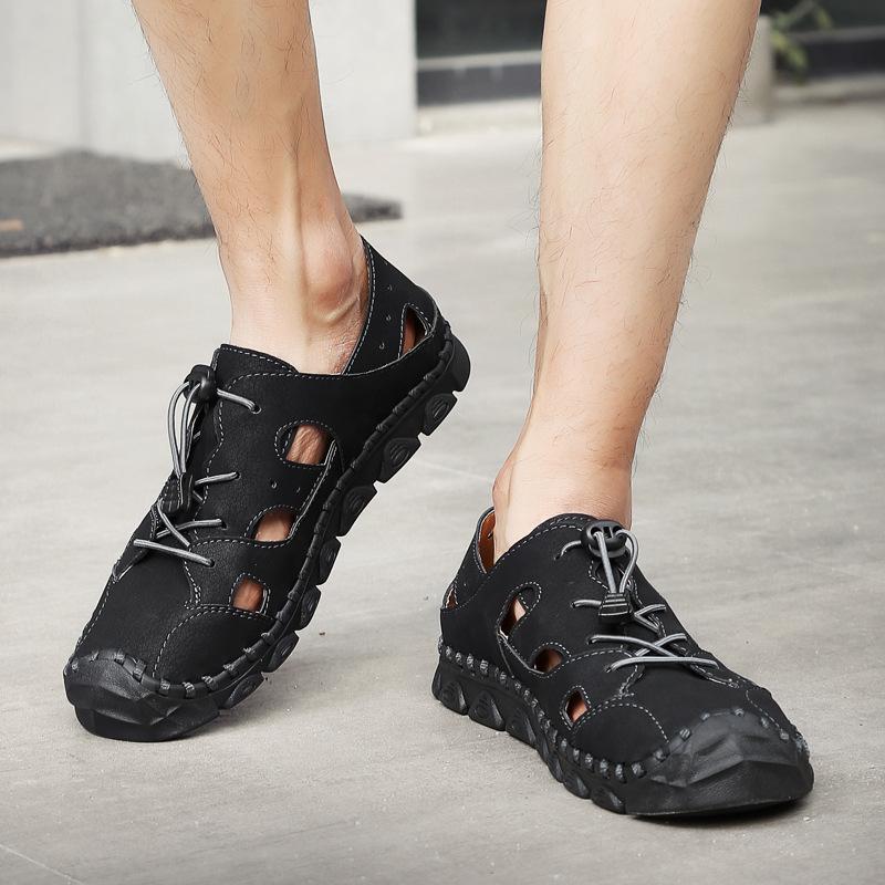 Большие размеры летние мужские сандалии из натуральной кожи с закрытым носком повседневные дышащие пляжные мужские модные туфли двойного назначения с отверстиями