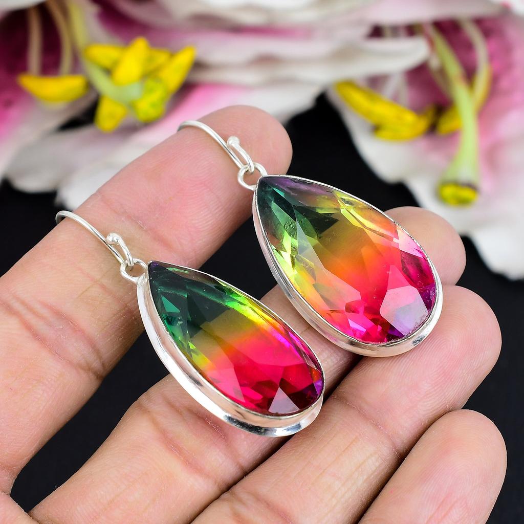Bi-Color Tourmaline Gemstone 925 Sterling Silver Jewelry Earring 2.13" KG-1760