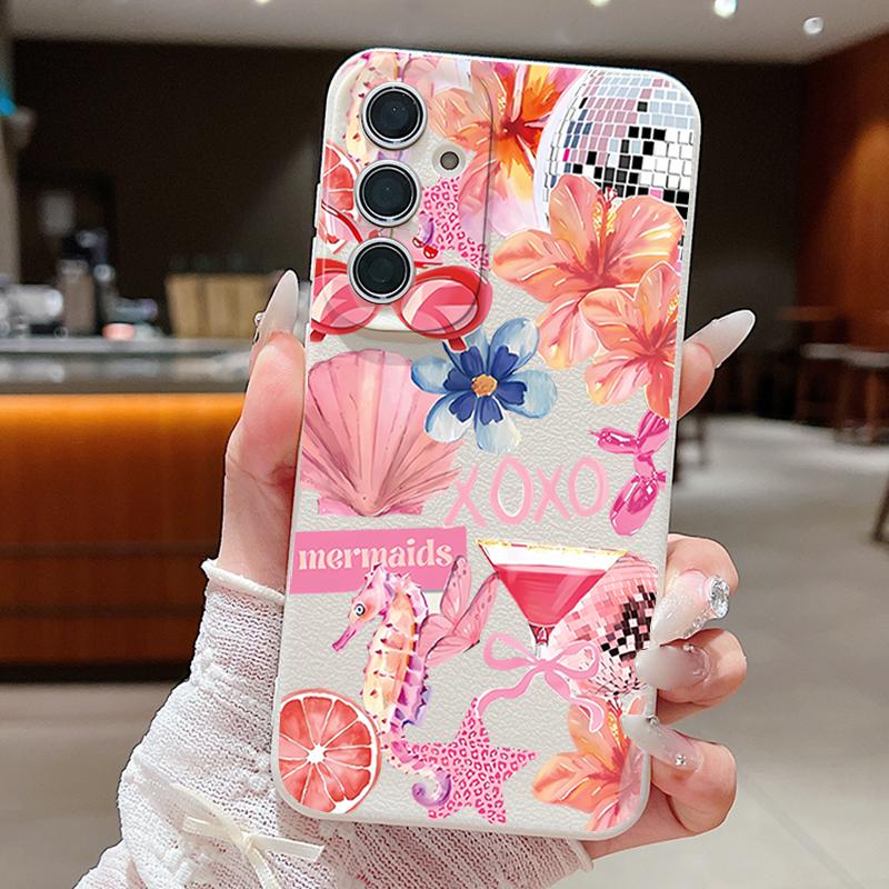 Розовый Чехол с Мультяшным Цветочным Рисунком для Samsung Galaxy A57 A56 A55 A54 5G A37 A36 A35 A34 A17 A16 A15 A14 Силиконовый Чехол с Текстурой Кожи