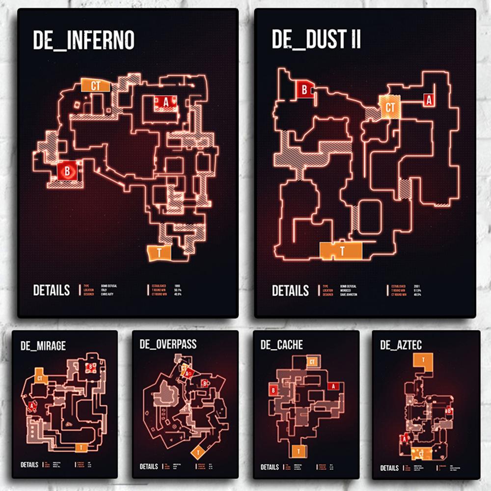 Карты Csgo, шутер от первого лица, игровые постеры, настенное искусство, печать на холсте, картины для гостиной, дома, интернет-кафе, декор, фотографии