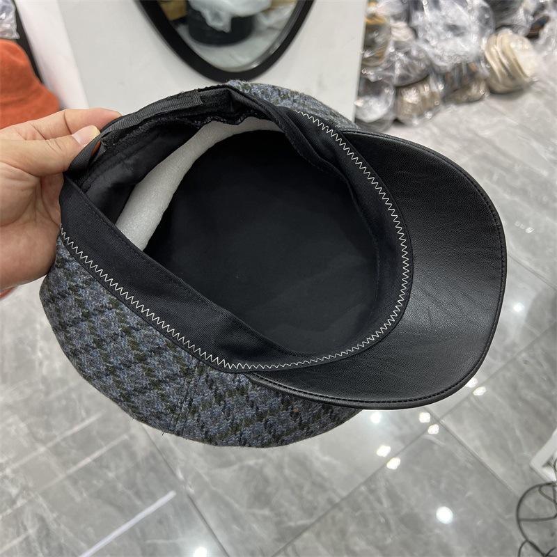 Woolen Herringbone Leather Brim Newsboy Hat Women's Autumn and Winter New British Retro Thermal Celebrity Style Cap