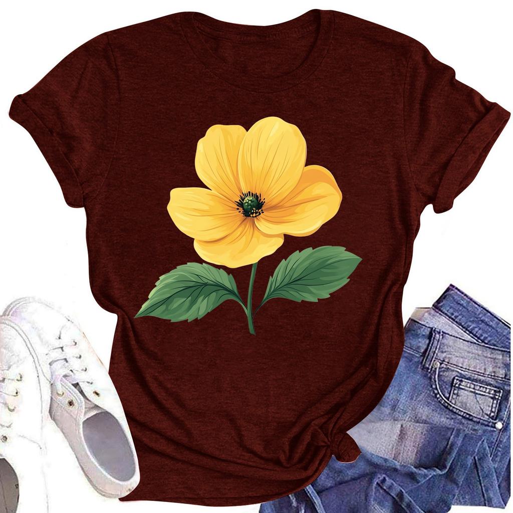 Женская повседневная футболка с круглым вырезом и цветочным принтом, короткий рукав