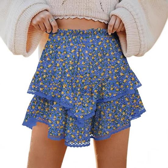 Women Cake Skirt High Waisted Double-Layered Ruffle Bohemian Mini Skirt with Elastic