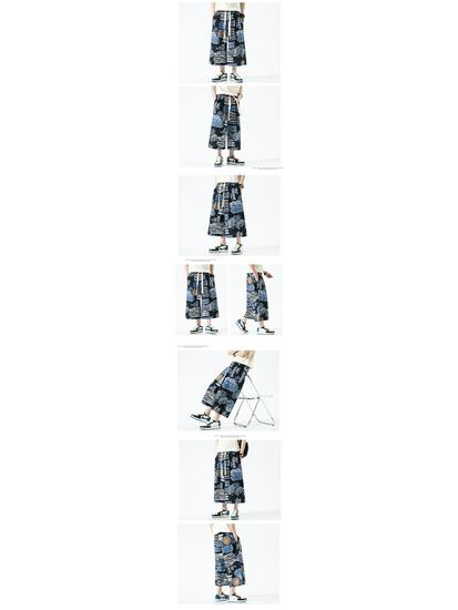 2022 Мужские летние капри из хлопка и льна с китайским принтом, больших размеров, в повседневном стиле с широкими штанинами