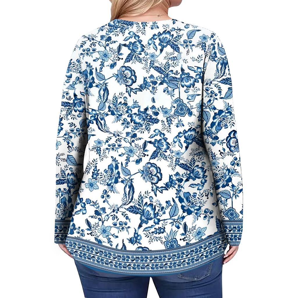 Women's Plus Size Fashion Printed Casual Pleated Round Neck Long Sleeve Top