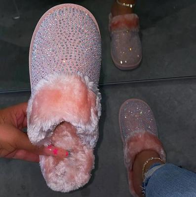 Мода Новая Мода Женские Тапочки Зима Новые Утепленные Стразы Плоские Домашние Тапочки 35-43 Искусственный Мех Теплые Домашние Тапочки Женские