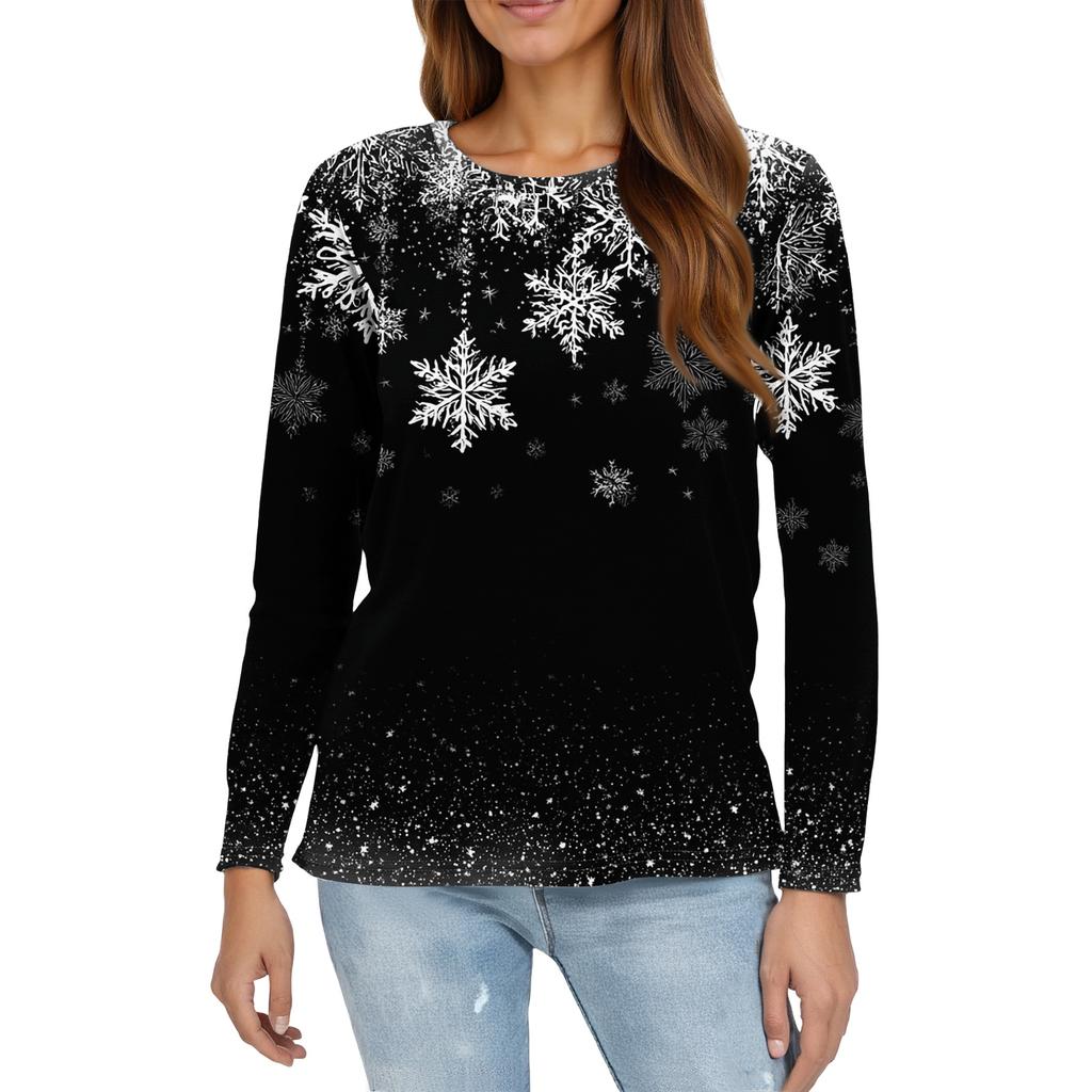 Women's Fashion Casual Slit Hem Round Neck Long Sleeve Loose Christmas Printed T-Shirt Ladies Top