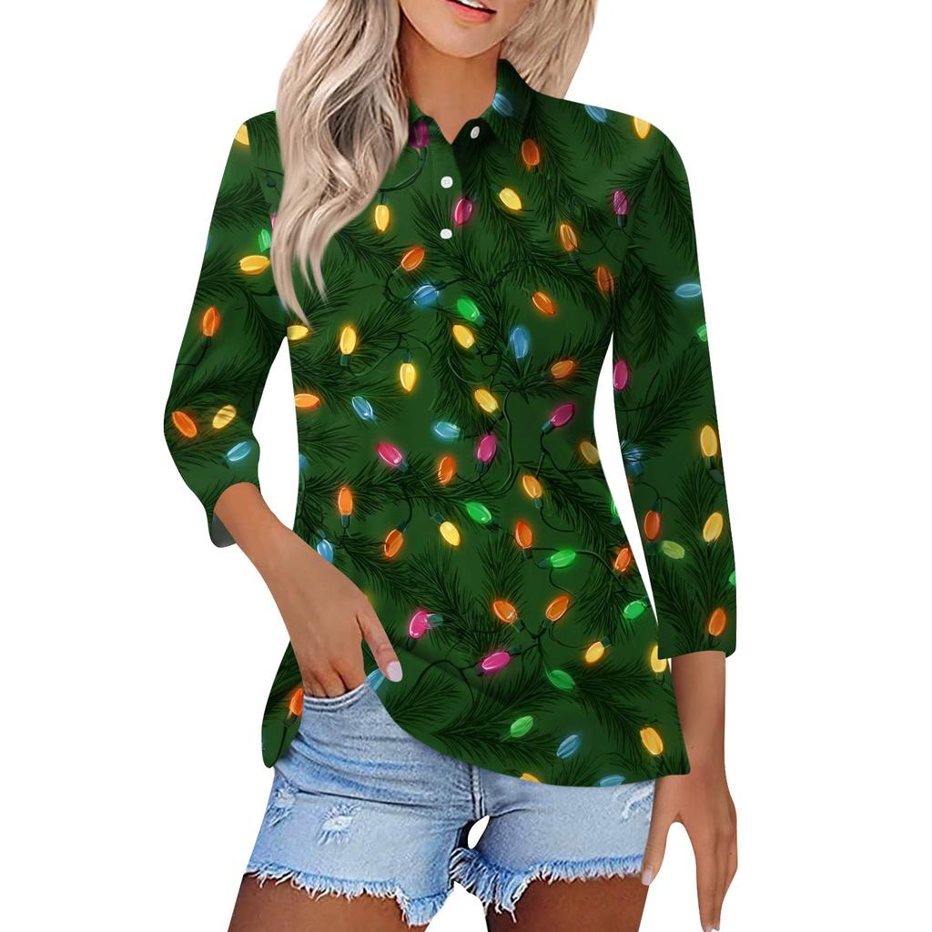 Women's Fashion Casual Lapel Short 3/4 Sleeve Christmas Print Shirt Women's Button Up Tops
