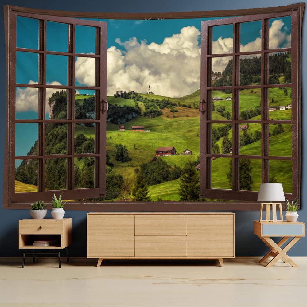 Окно Хижина на вершине холма Пейзажный гобелен Настенный природный пейзаж Гостиная Спальня Эстетический декор комнаты Фоновая ткань