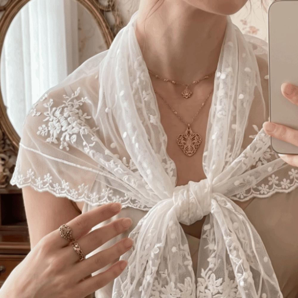 Lightweight Embroidery Edge Sheer Mesh Scarf Floral Wrap Scarf Wedding