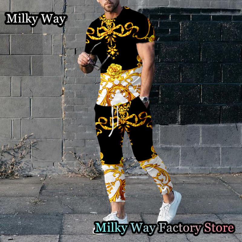 Роскошный мужской спортивный костюм с принтом цепочки, летний комплект из 2 предметов, футболка и брюки, винтажный спортивный костюм, мужская модная одежда, ретро наряд