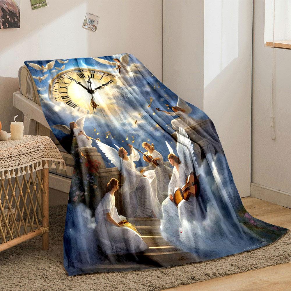 Angel Themed Clock Music Print Blanket Printed Blanket for Living Room Bed Couch lunch break Soft Cozy Blanket for Friend's festival Gift