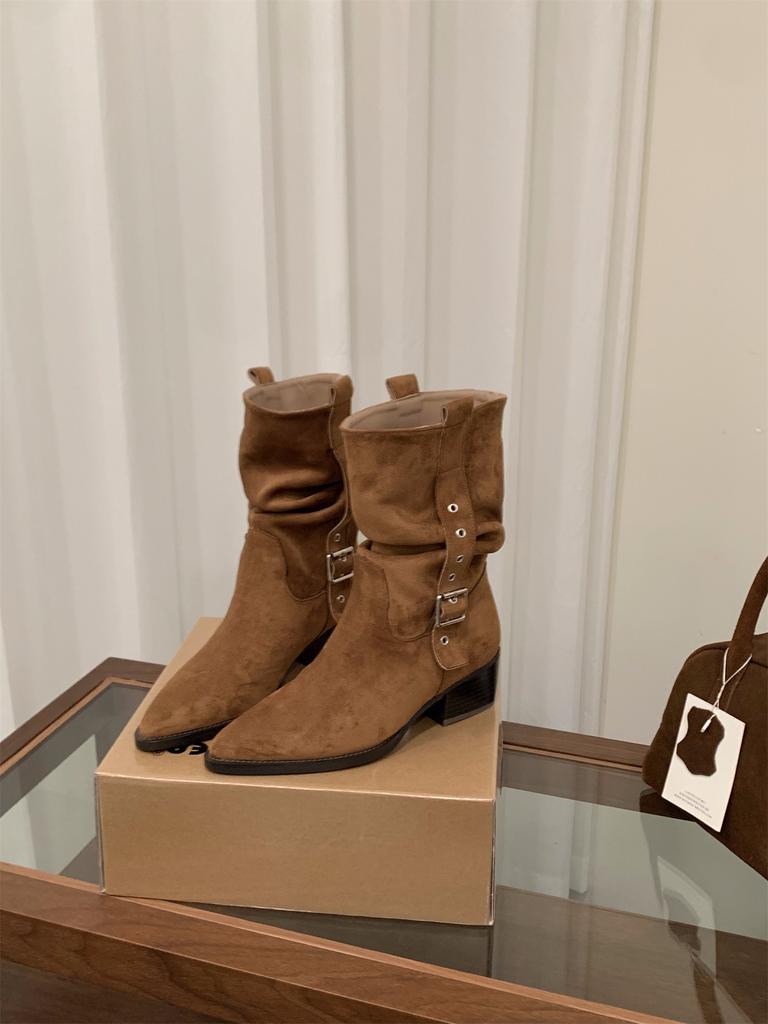 Женские ботильоны Мартин на высоком каблуке, замшевые, с острым носком, узкие, осенне-зимние 2025, в стиле вестерн, ковбойские, средней высоты, на подкладке, короткие