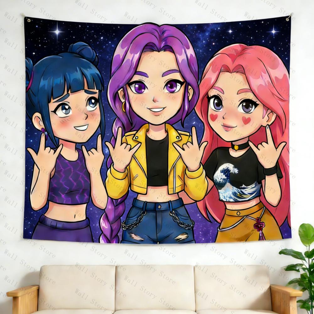 Trendy Kpop Wall Tapestry Cute Cartoon Starry Backdrop Aesthetic Room Decor for Kpop Fans Durable Washable Bedroom Tapestry