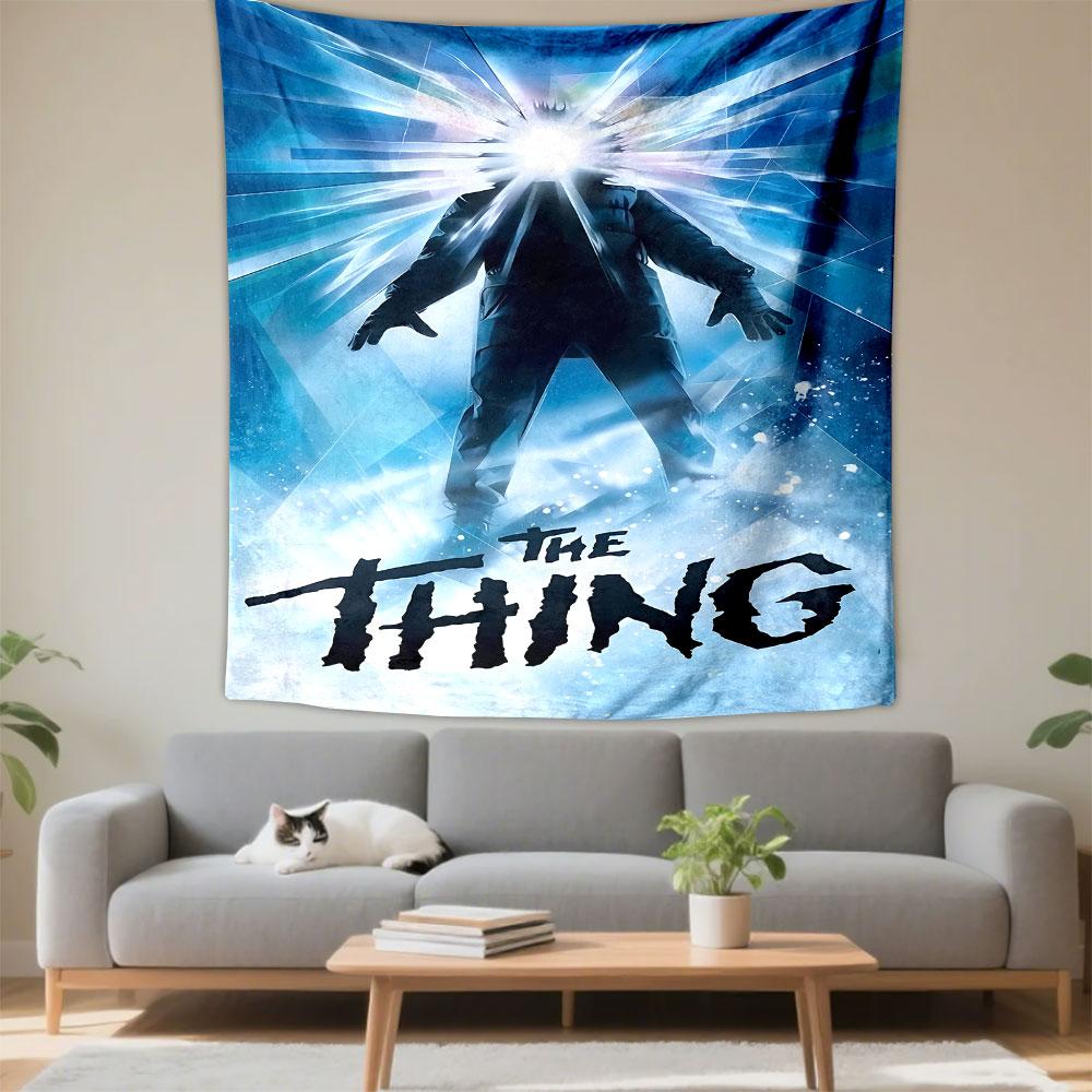 A silhouetted figure with a bright, radiating light replacing its head. Patterned tapestry for bedroom and living room home decor